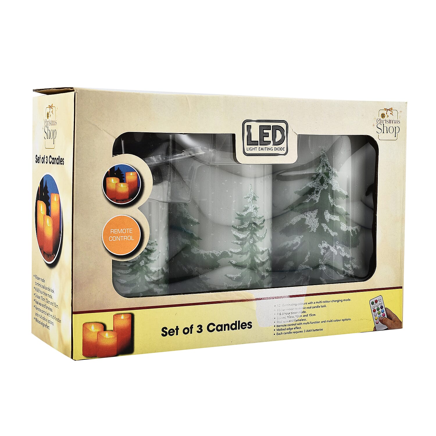 Set of 3 - Homesmart Snow Tree Pattern LED 12 Colour Change Candle with Remote - White & Green