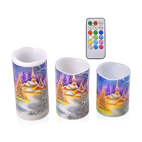 Set of 3 - Homesmart Church Scene LED 12 Colour Change Candle with Remote - Multi