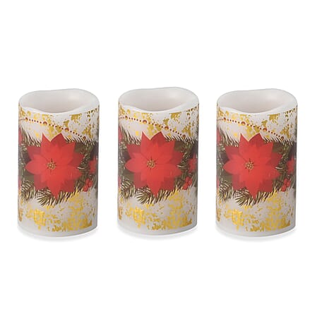 Set of 3 - Homesmart Poinsettia Plant Pattern LED 12 Colour Change Candle with Remote - Red