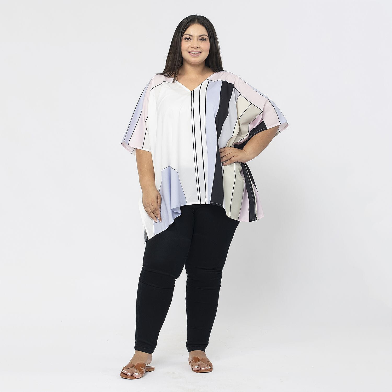 TAMSY Stripe Pattern V-Neck Kaftan (Size S) - Pink & White