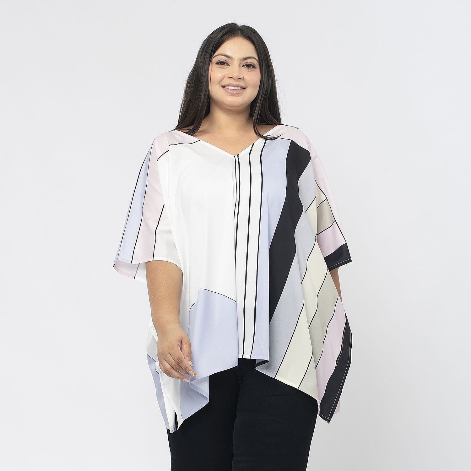 TAMSY Stripe Pattern V-Neck Kaftan (Size S) - Pink & White