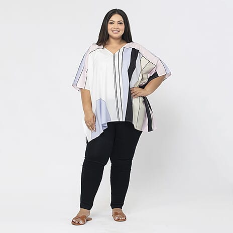 TAMSY Stripe Pattern V-Neck Kaftan (Size L) - Pink - White