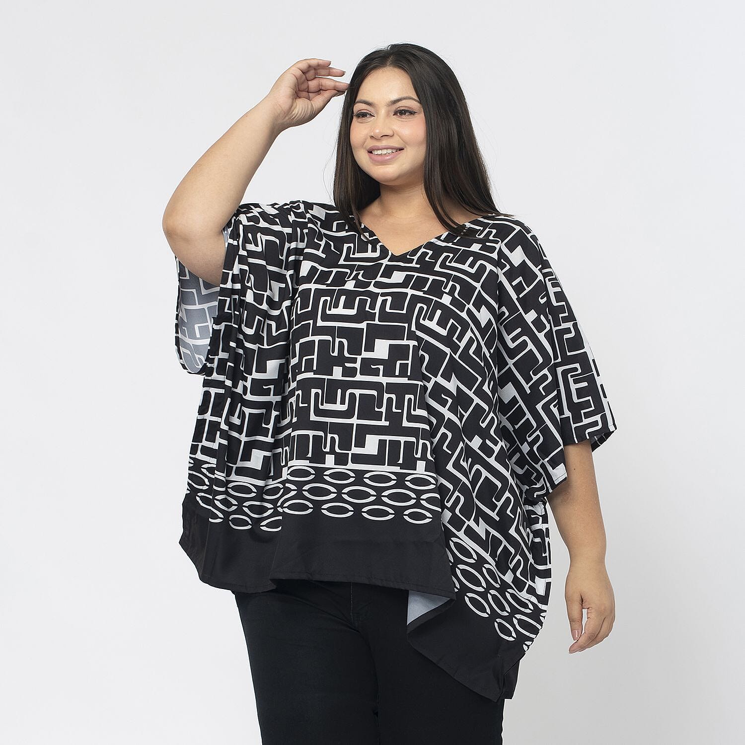 Tamsy 100% Polyester Printed Kaftan (Size S) - Pink & Off White