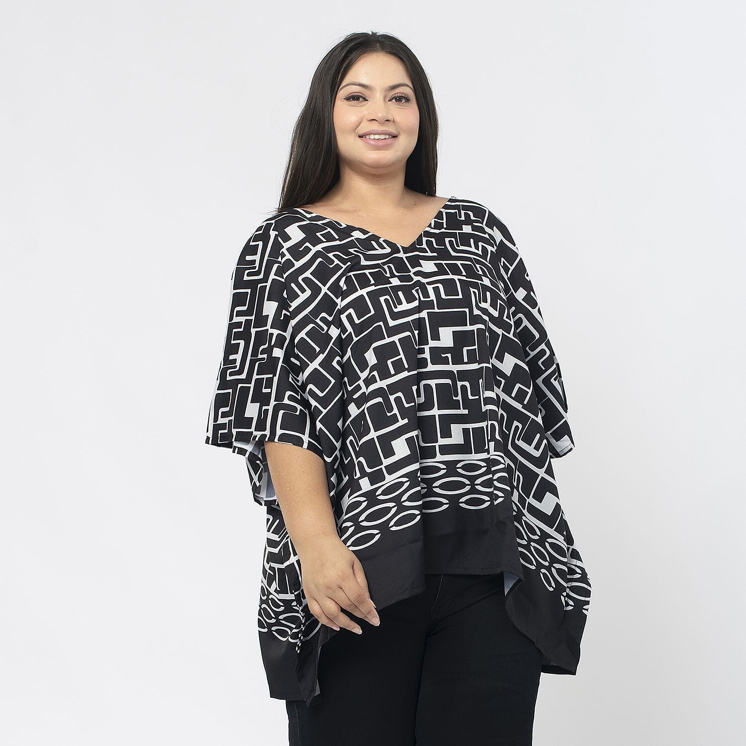 Tamsy 100% Polyester Printed Kaftan (Size S) - Pink & Off White