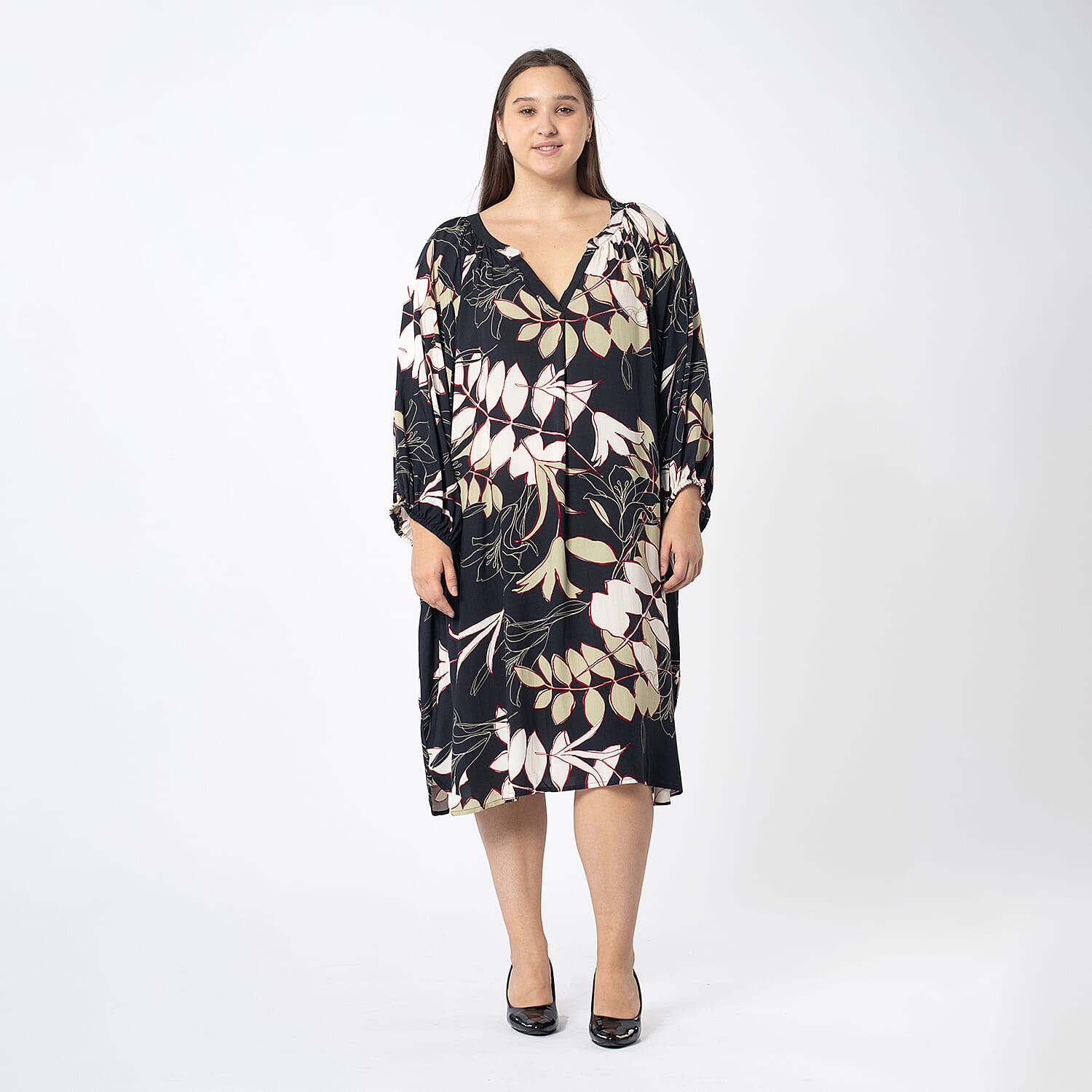 Tamsy 100% Viscose Full Sleeves Neutral Leaf Printed Dress With Elastic at Sleeve Opening (One Size, 8-18) - Black & Multi