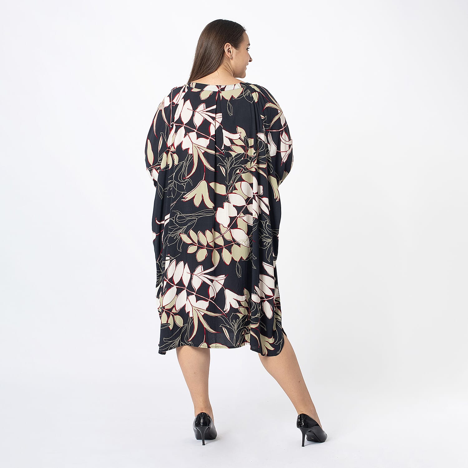 Tamsy 100% Viscose Full Sleeves Neutral Leaf Printed Dress With Elastic at Sleeve Opening (One Size, 8-18) - Black & Multi