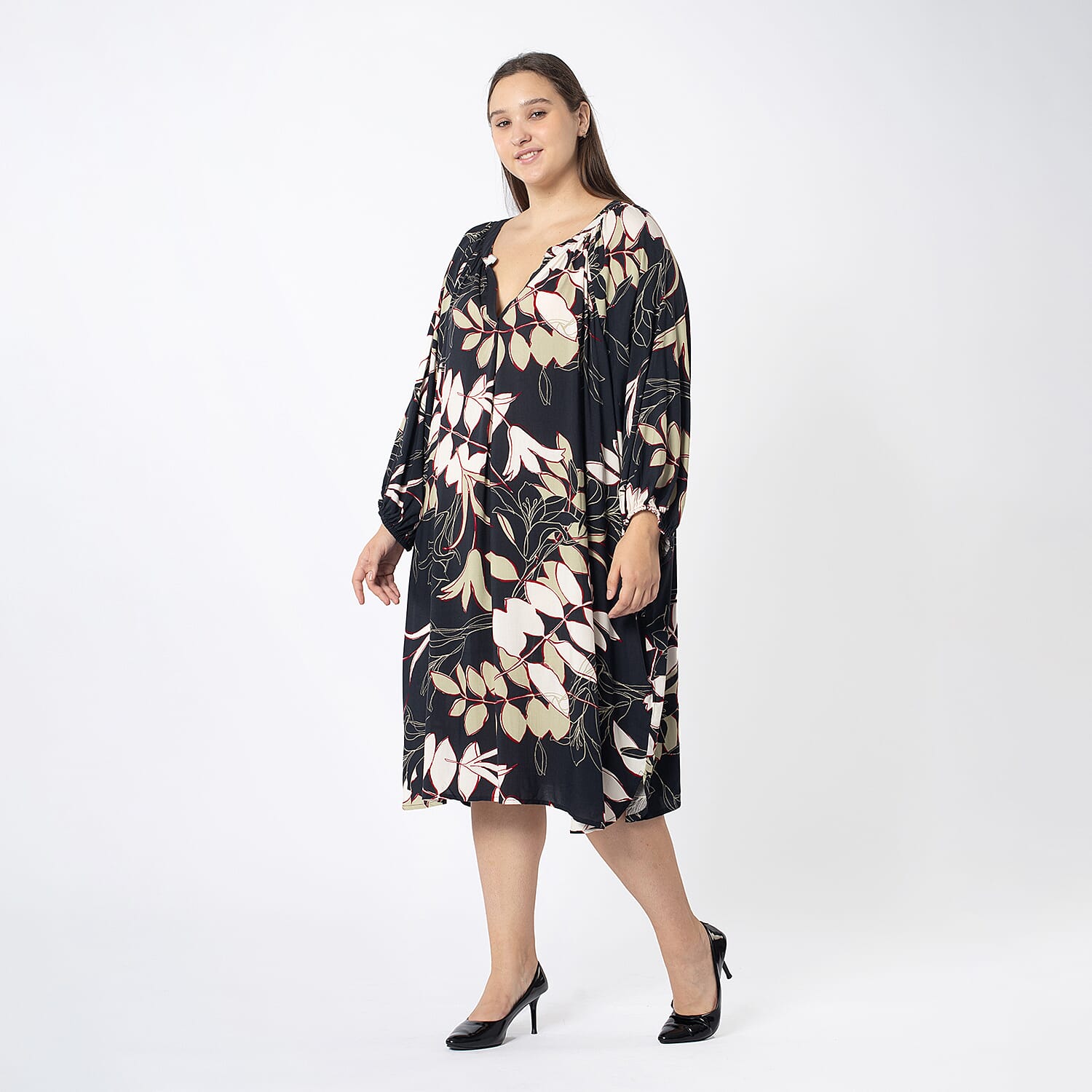 Tamsy 100% Viscose Full Sleeves Neutral Leaf Printed Dress With Elastic at Sleeve Opening (One Size, 8-18) - Black & Multi