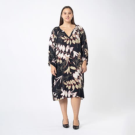 Tamsy 100% Viscose Full Sleeves Neutral Leaf Printed Dress With Elastic at Sleeve Opening (One Size, 20-26) - Black - Multi