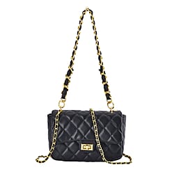 Designer Inspired Quilted Pattern Crossbody Bag with Shoulder Chain Strap - Black