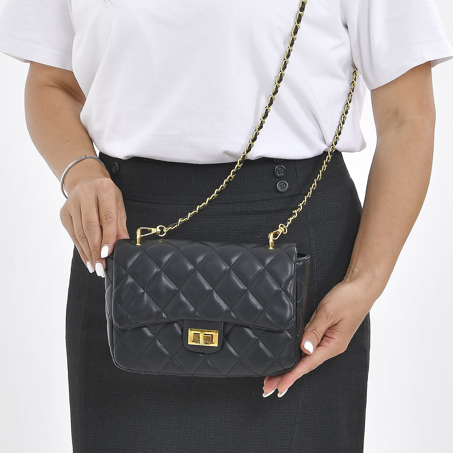 Designer Inspired Quilted Pattern Crossbody Bag with Shoulder Chain Strap - Black