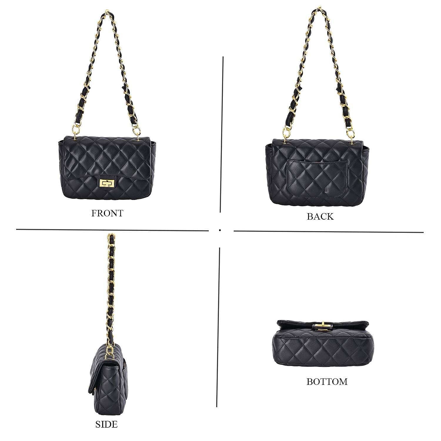 Designer Inspired Quilted Pattern Crossbody Bag with Shoulder Chain Strap - Black