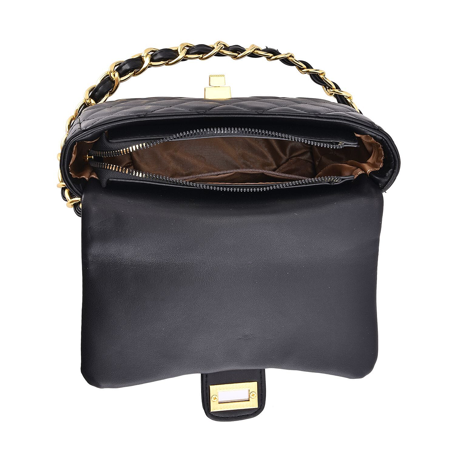 Designer Inspired Quilted Pattern Crossbody Bag with Shoulder Chain Strap - Black