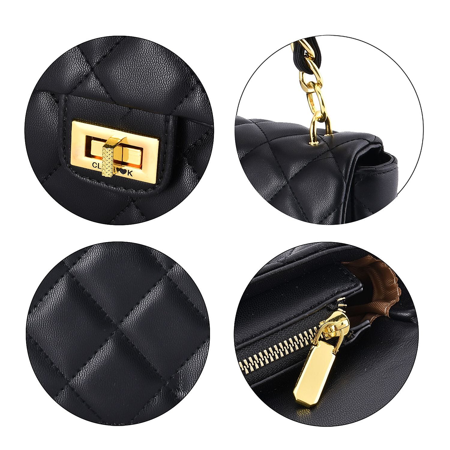 Designer Inspired Quilted Pattern Crossbody Bag with Shoulder Chain Strap - Black