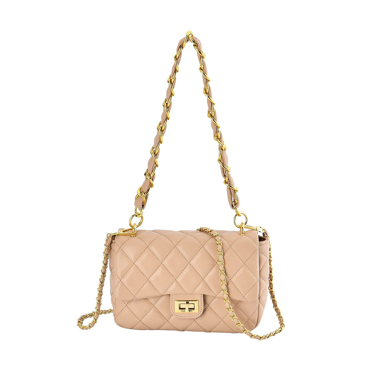 Designer Inspired Quilted Pattern Crossbody Bag with Shoulder Chain Strap - Khaki