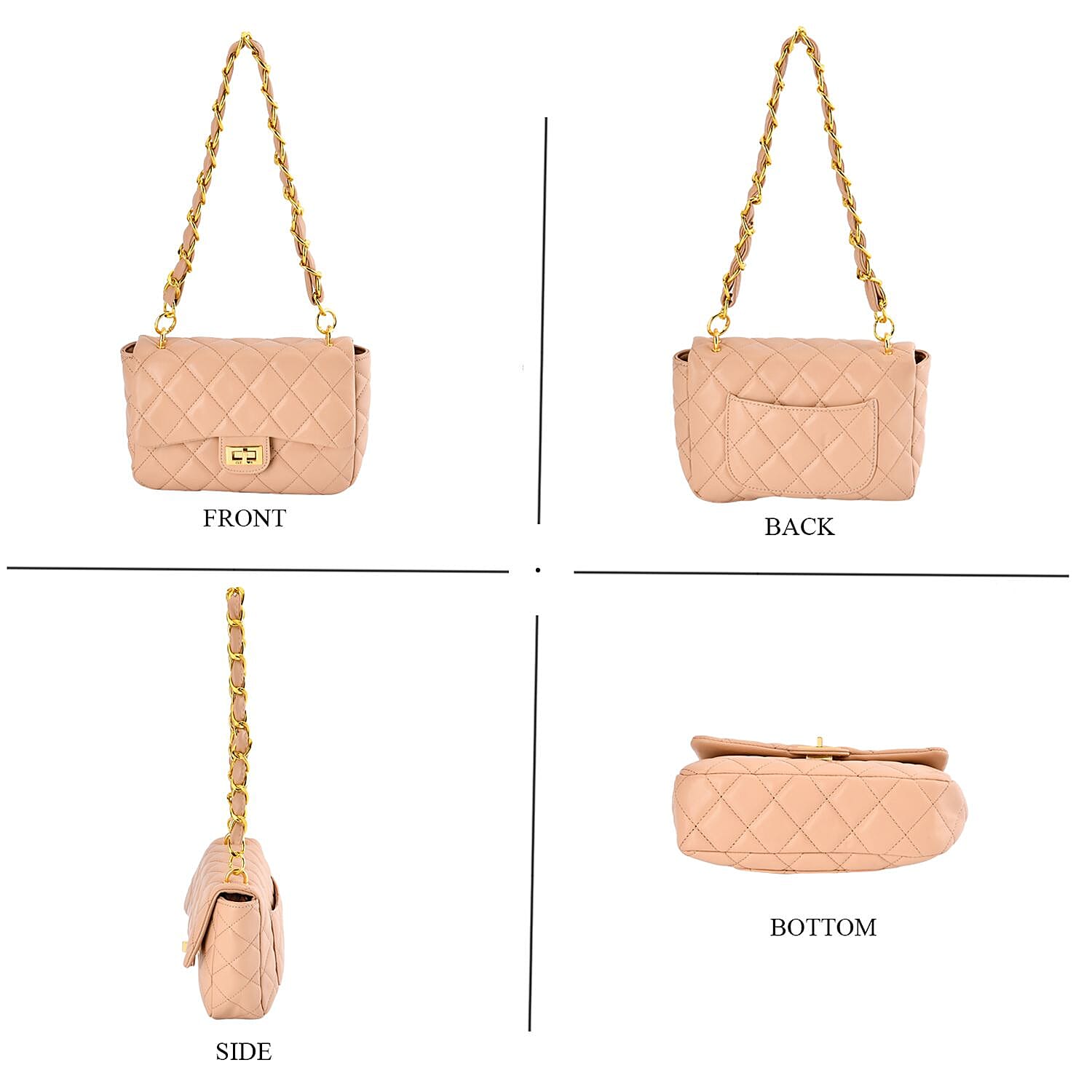 Designer Inspired Quilted Pattern Crossbody Bag with Shoulder Chain Strap - Khaki