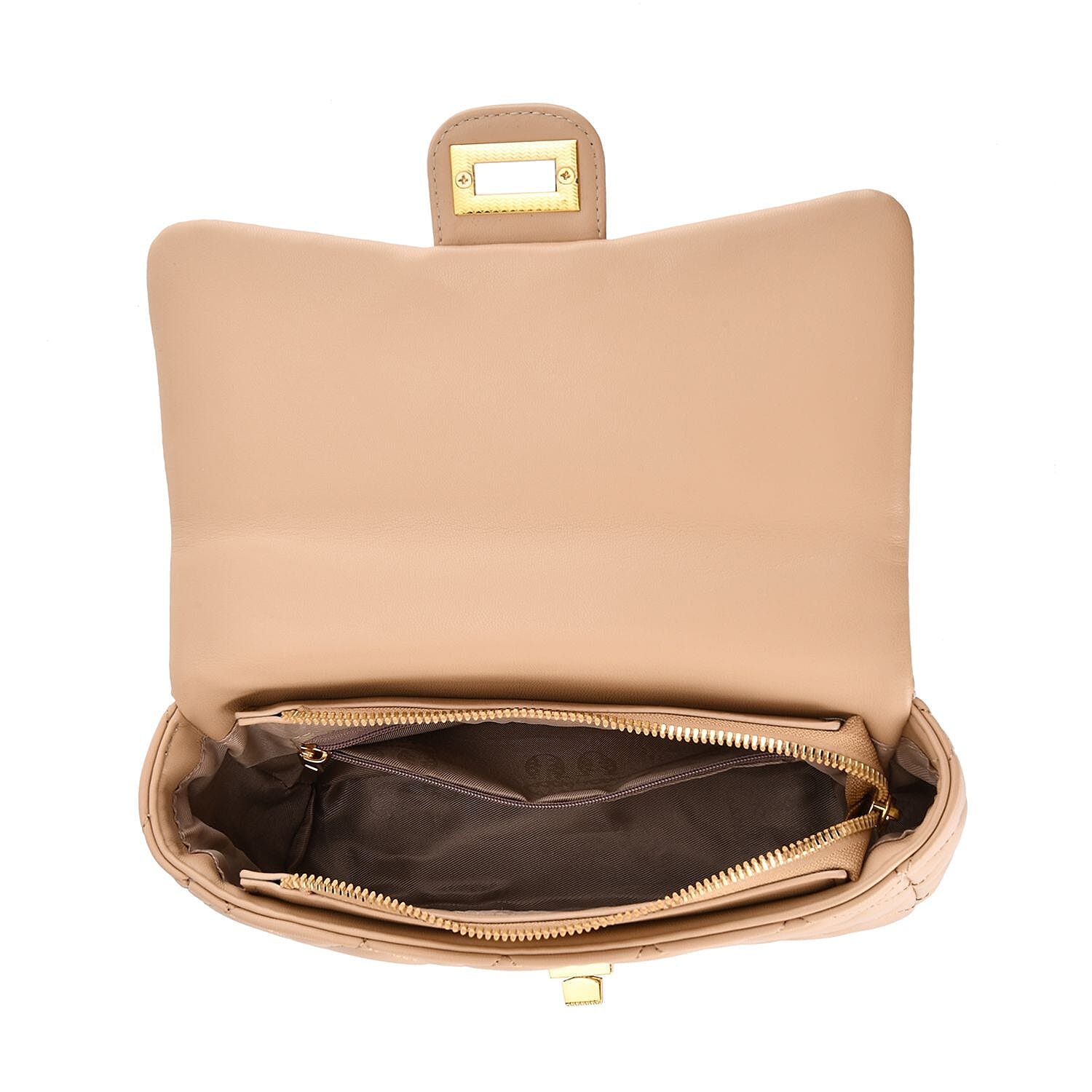 Designer Inspired Quilted Pattern Crossbody Bag with Shoulder Chain Strap - Khaki