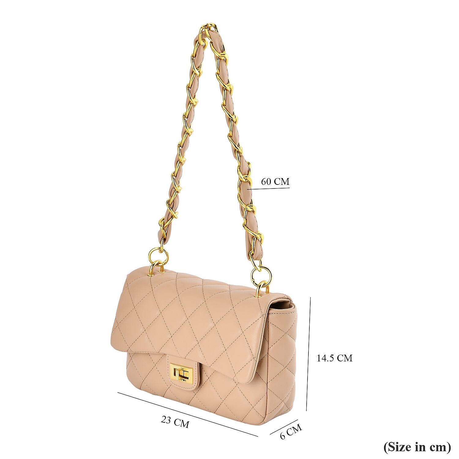 Designer Inspired Quilted Pattern Crossbody Bag with Shoulder Chain Strap - Khaki