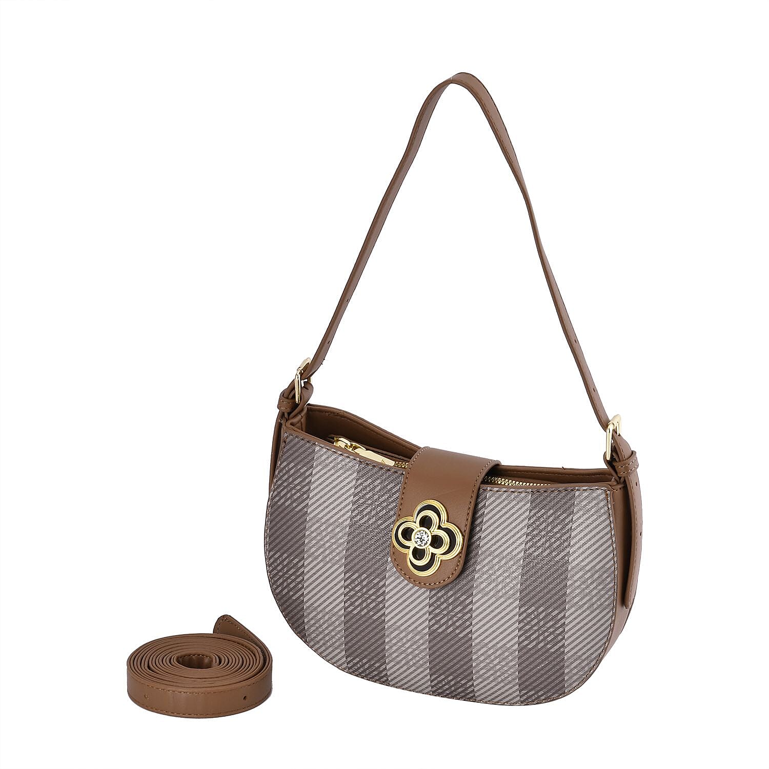 Closeout Deal Checkered Pattern Shoulder Bag - Camel - Off White