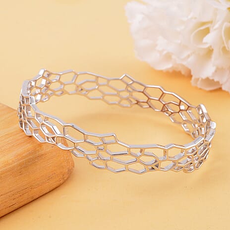 Lucy Q Honeycomb Collection - Rhodium Overlay Sterling Silver Honeycomb Bangle (Size 7.5)