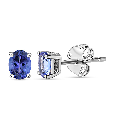 Tanzanite Stud Earrings (with Push Back) in Platinum Overlay Sterling Silver