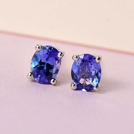 Tanzanite Stud Earrings with Push Back in Platinum Overlay Sterling Silver