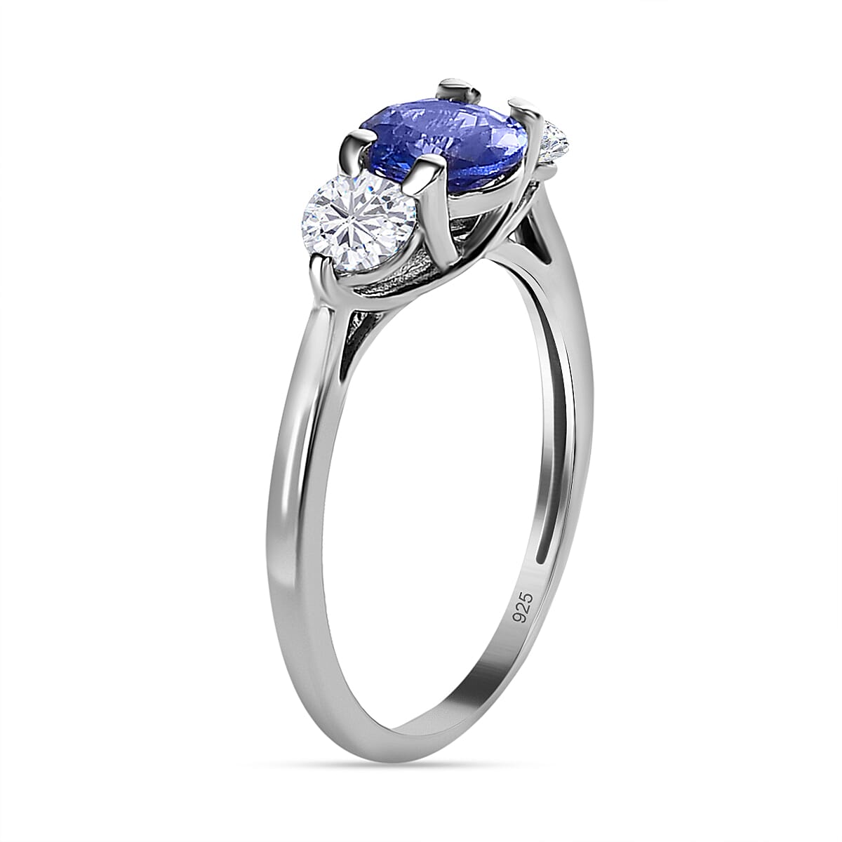 Tanzanite, Moissanite VS-EF high quality sunburst Ring in Rhodium ov Sterling silver 1.00 ctw