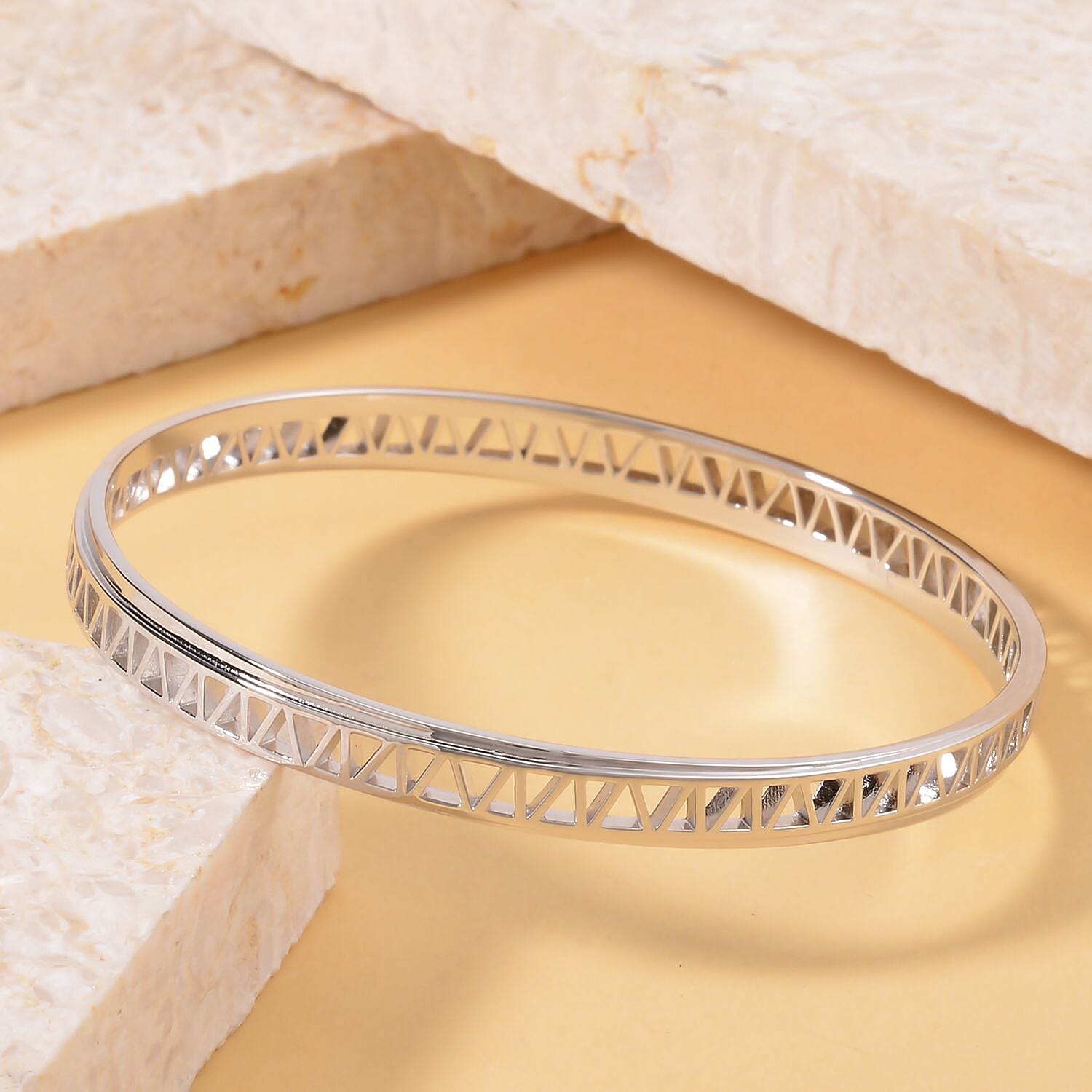 RACHEL GALLEY Geo Traingle Collection - Rhodium Overlay Sterling Silver Bangle (Size - 7.5) silver wt. 17gms