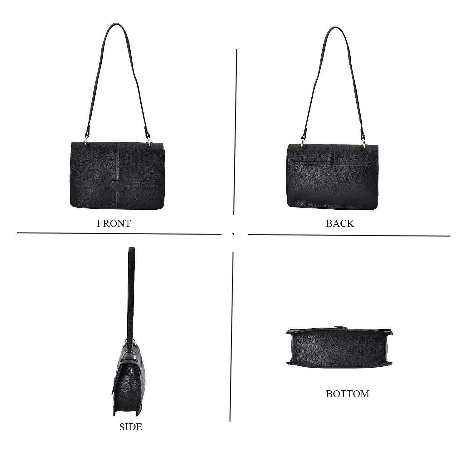 Solid Colour Shoulder Bag with Magnetic Lock - Black