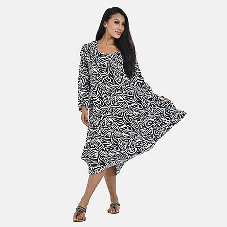 Tamsy 100% Viscose Blade Pattern Midi Dress (One Size,8- 18) - Black