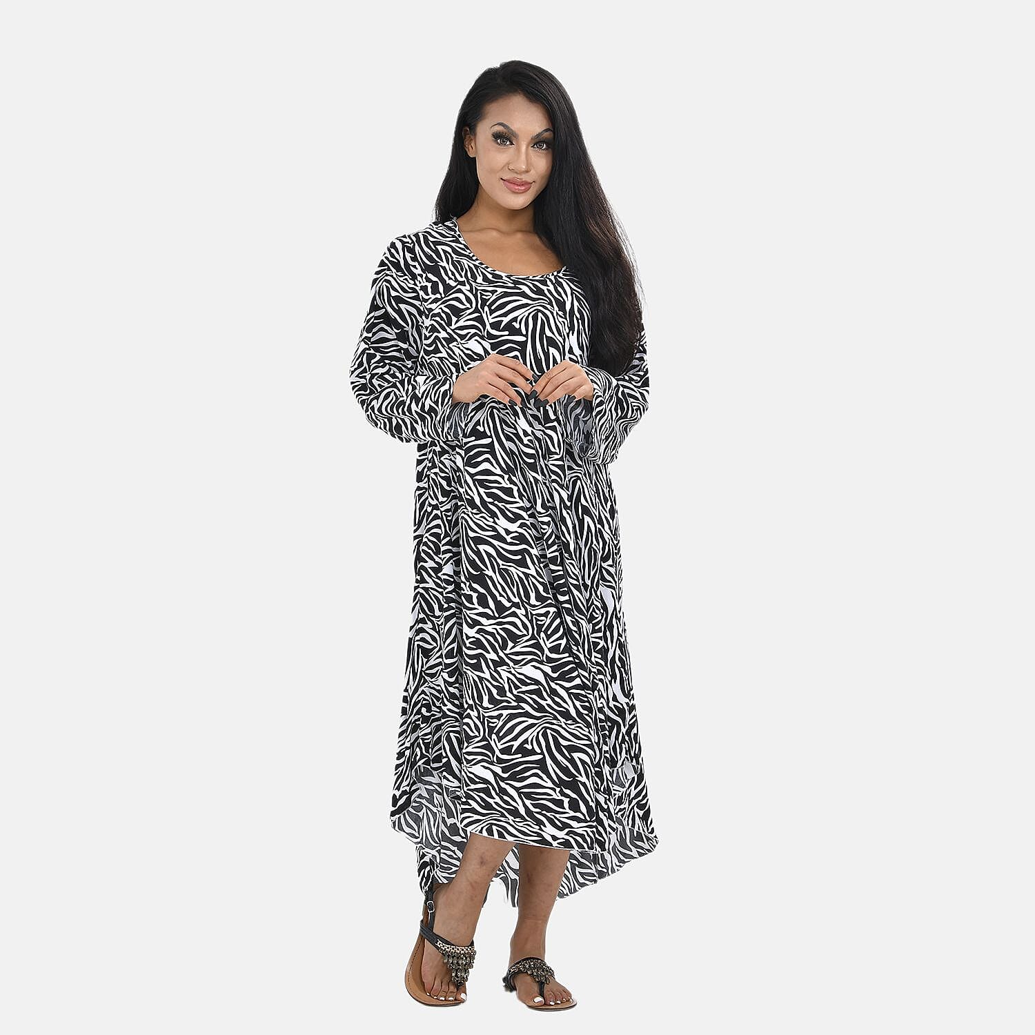 100% Viscose Blade Pattern Midi Dress (One Size,8- 18) - Black