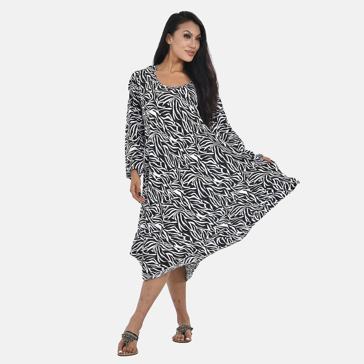 100% Viscose Blade Pattern Midi Dress (Curve Size,20 - 26) - Black