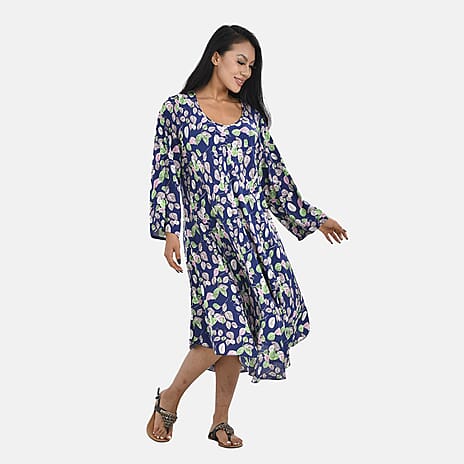 100% Viscose Bottom Leaf Pattern Midi Dress Blue (Curve Size) - Blue