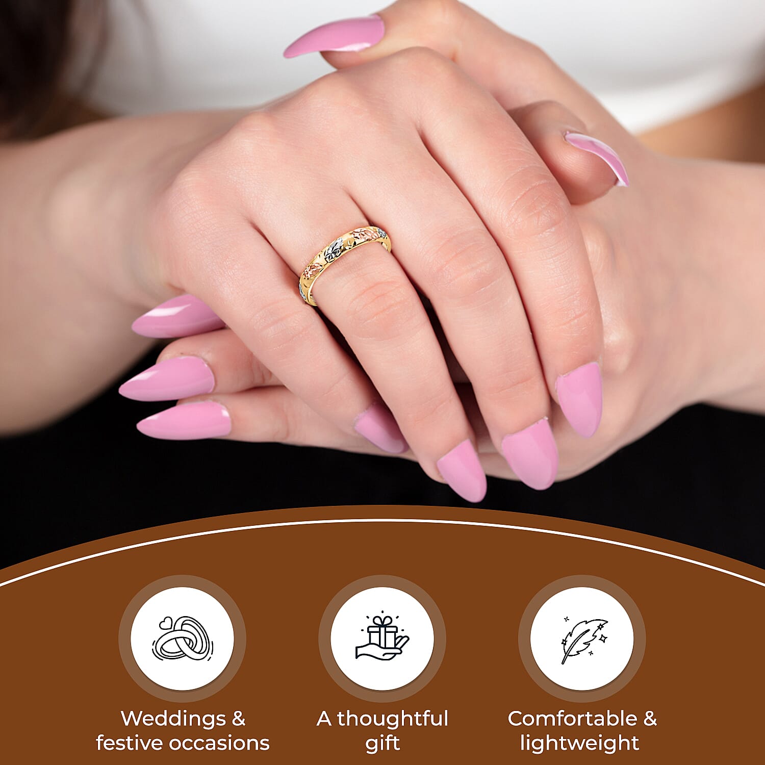 Royal Bali Collection 9K Yellow Gold Band Ring with Silver and Rose Gold Plating