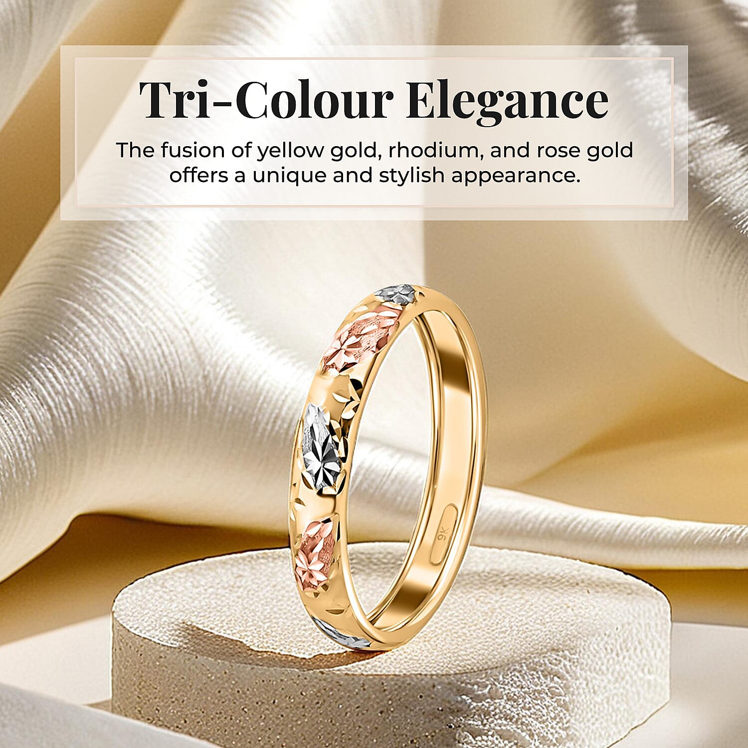Royal Bali Collection 9K Yellow Gold Band Ring with Silver and Rose Gold Plating