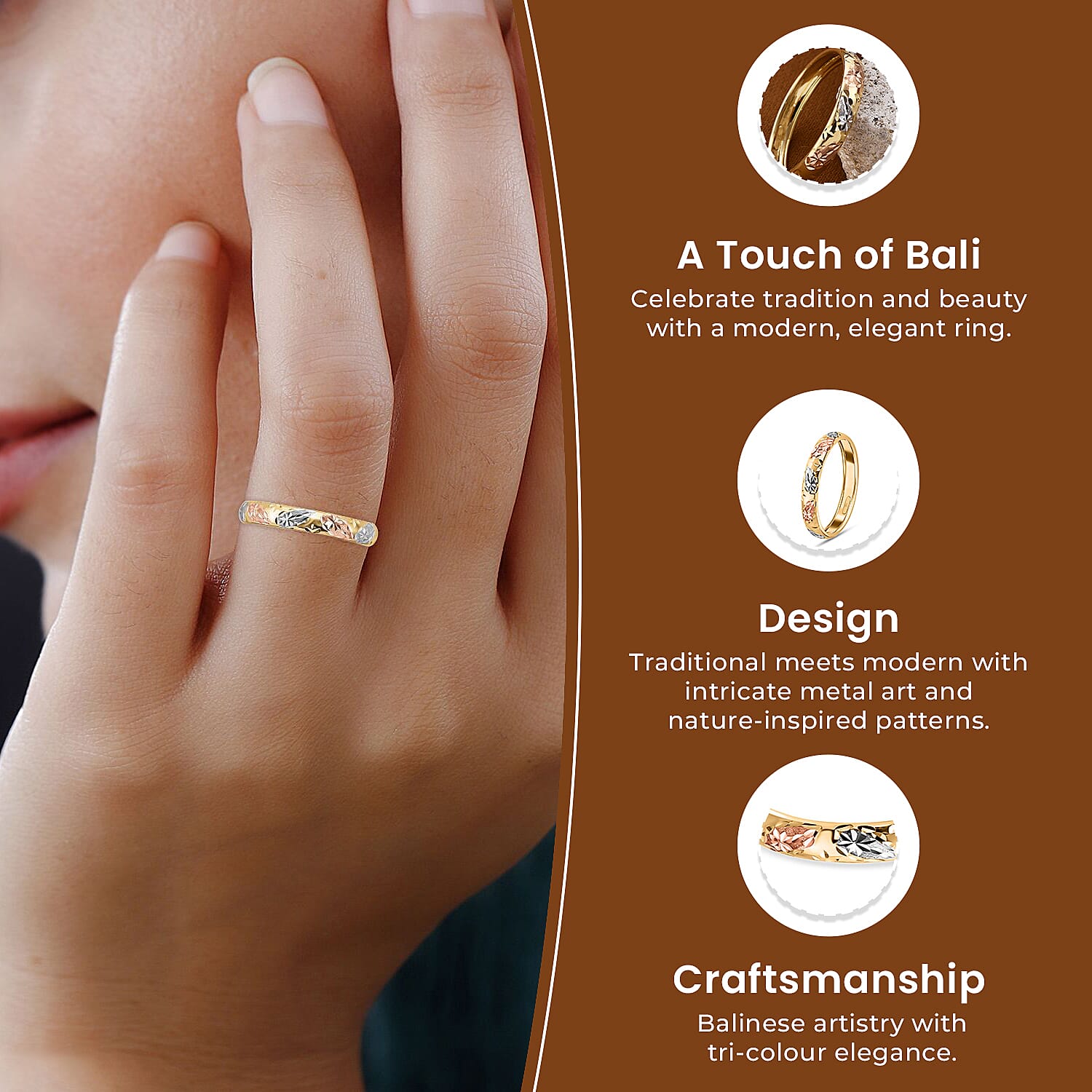 Royal Bali Collection 9K Yellow Gold Band Ring with Silver and Rose Gold Plating
