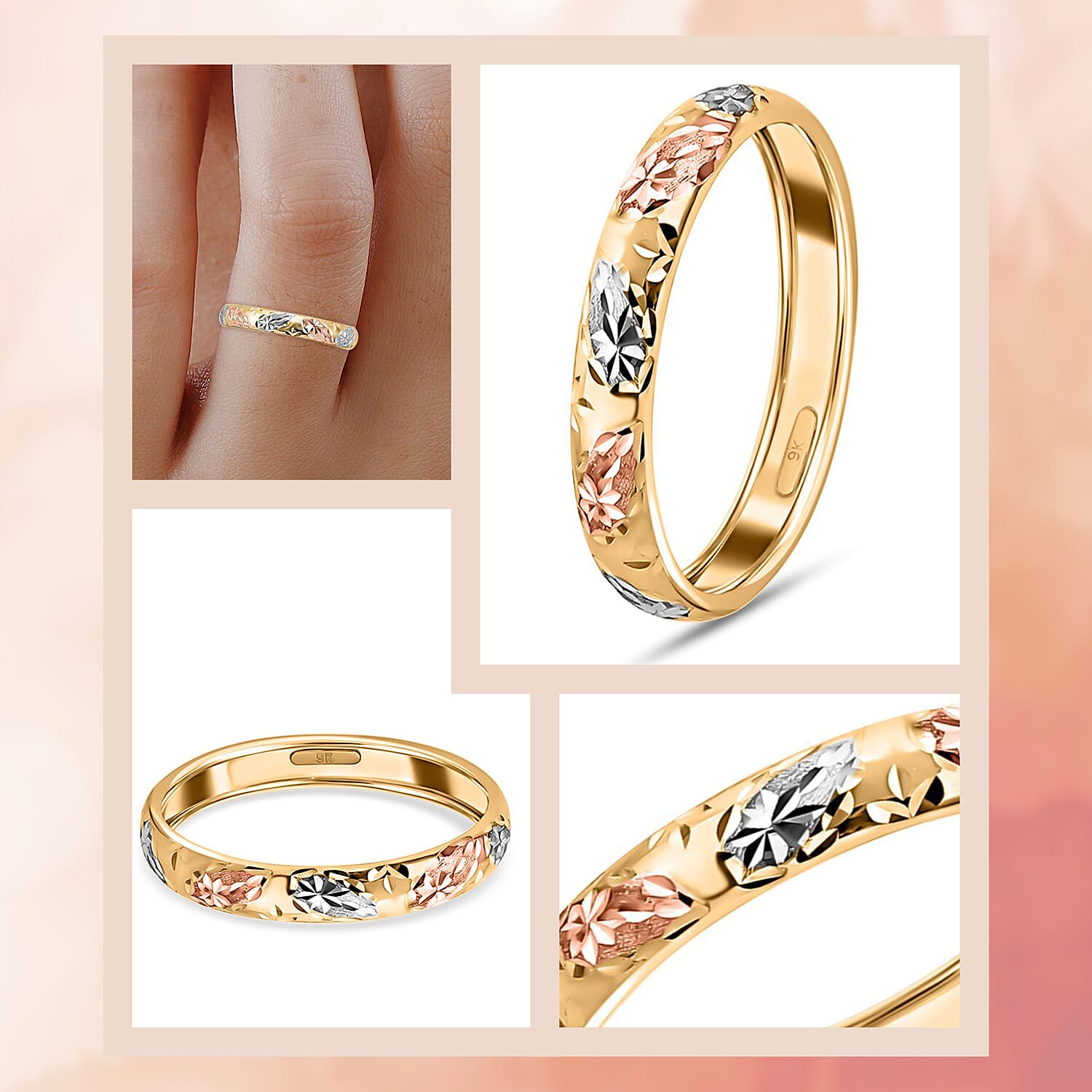 Royal Bali Collection 9K Yellow Gold Band Ring with Silver and Rose Gold Plating