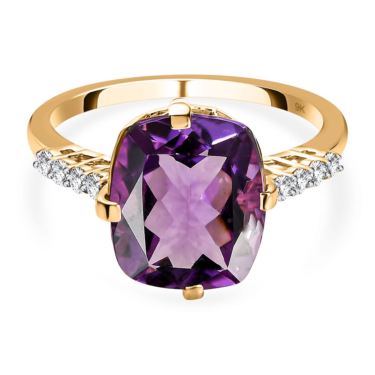 9K Yellow Gold Mashamba Amethyst and Moissanite Solitaire Ring 3.86 Ct.