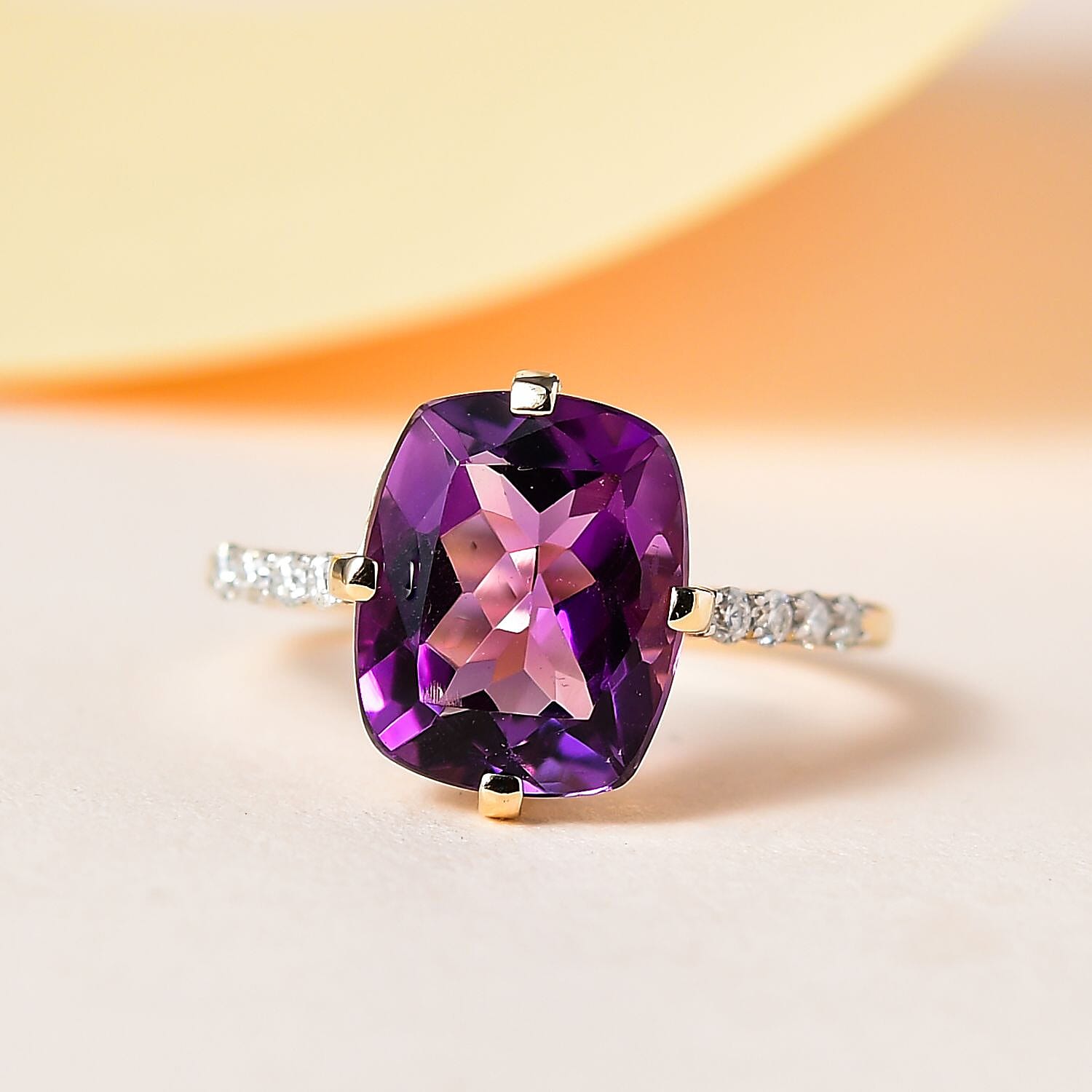 9K Yellow Gold Mashamba Amethyst and Moissanite Solitaire Ring 3.86 Ct.