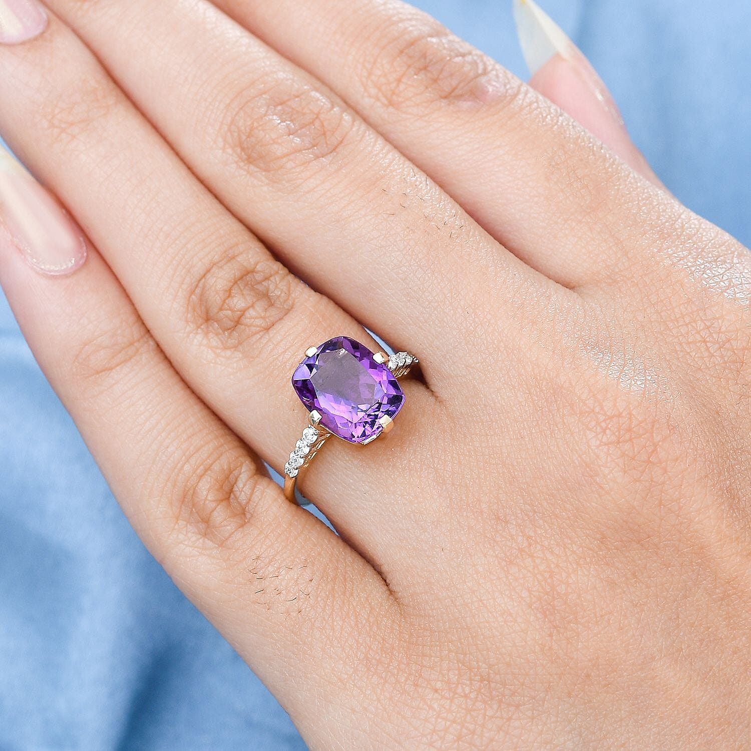 9K Yellow Gold Mashamba Amethyst and Moissanite Solitaire Ring 3.86 Ct.