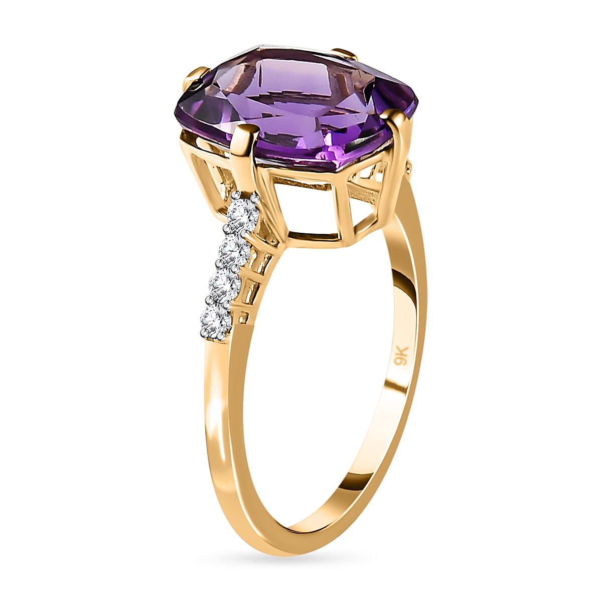 9K Yellow Gold Mashamba Amethyst and Moissanite Solitaire Ring 3.86 Ct.