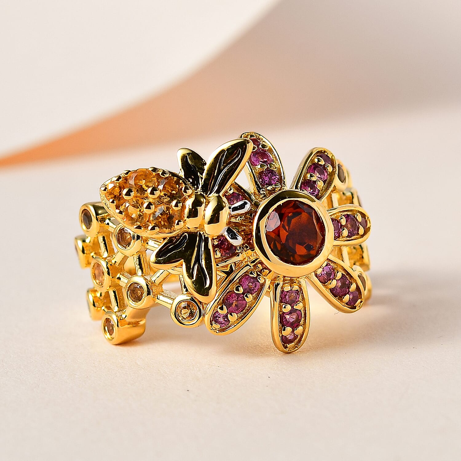 GP Honey Comb Collection - Madeira Citrine & Multi Gemstone Ring in 18K Vermeil Yellow Gold Plated Sterling Silver 1.50 Ct