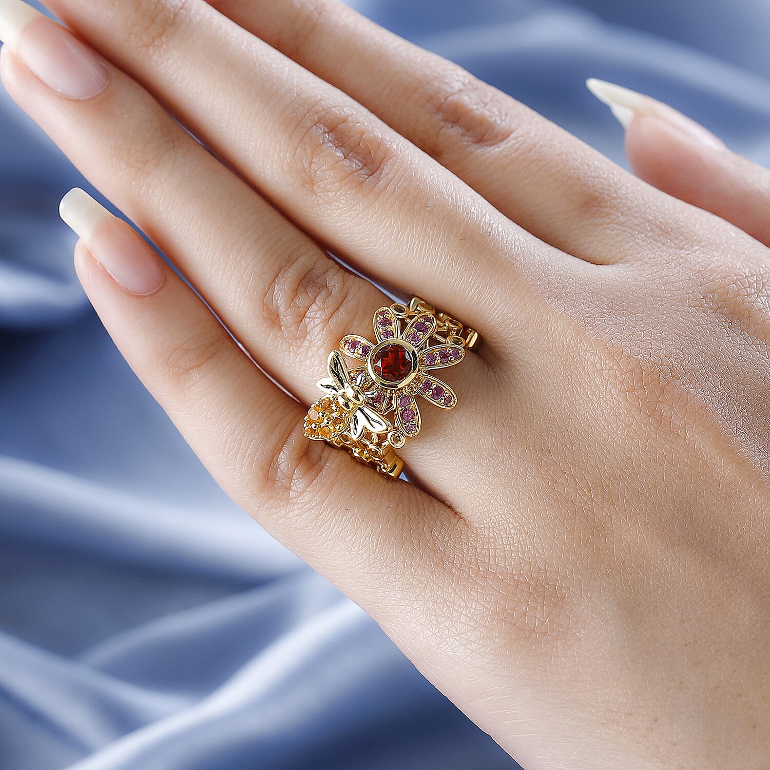 GP Honey Comb Collection - Madeira Citrine & Multi Gemstone Ring in 18K Vermeil Yellow Gold Plated Sterling Silver 1.50 Ct