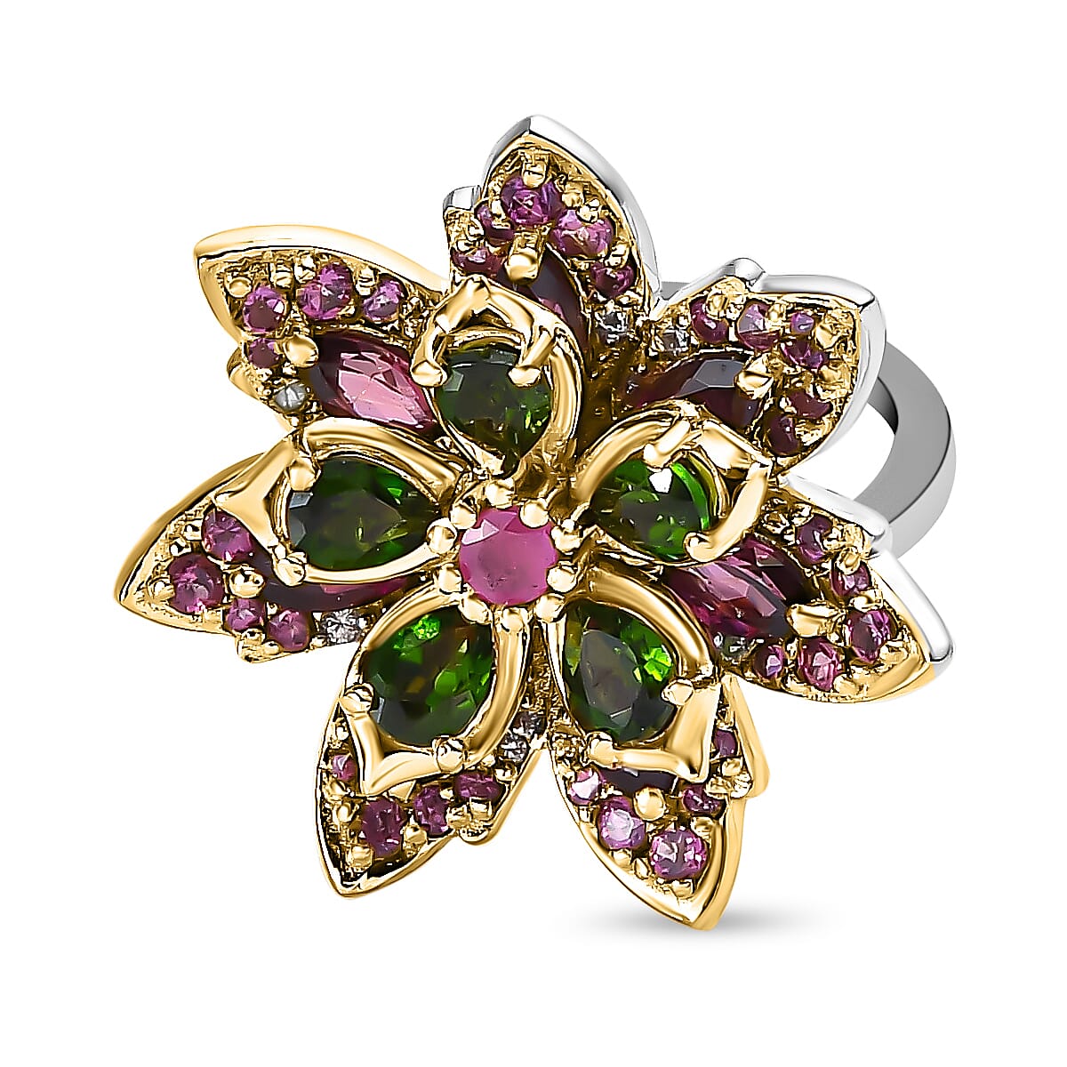 GP Italian Garden Collection - Natural Chrome Diopside & Multi Gemstone Floral Ring in 18K Yellow Gold Vermeil Plated Sterling Silver 3.09 Ct