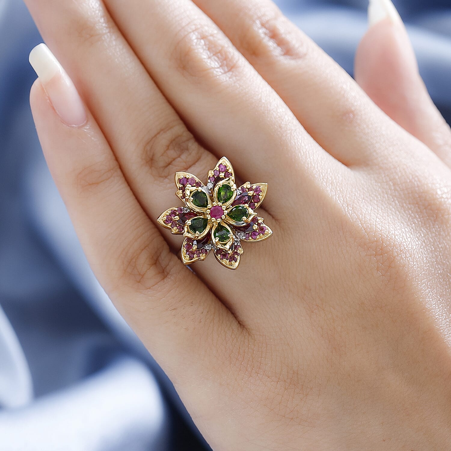 GP Italian Garden Collection - Natural Chrome Diopside & Multi Gemstone Floral Ring in 18K Yellow Gold Vermeil Plated Sterling Silver 3.09 Ct