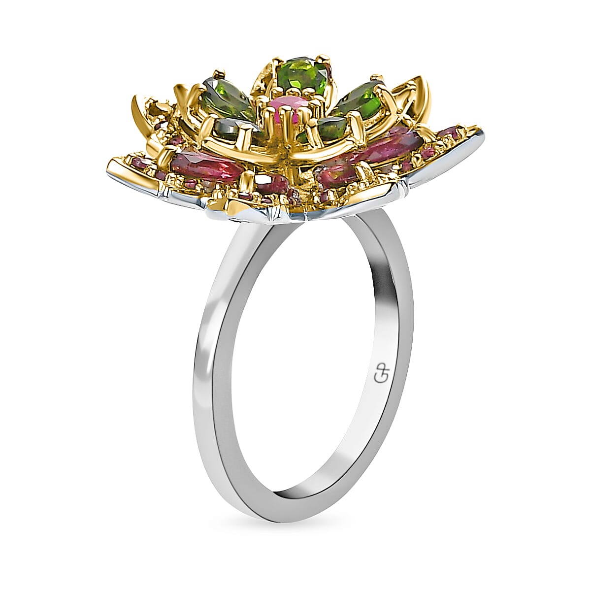 GP Italian Garden Collection - Natural Chrome Diopside & Multi Gemstone Floral Ring in 18K Yellow Gold Vermeil Plated Sterling Silver 3.09 Ct