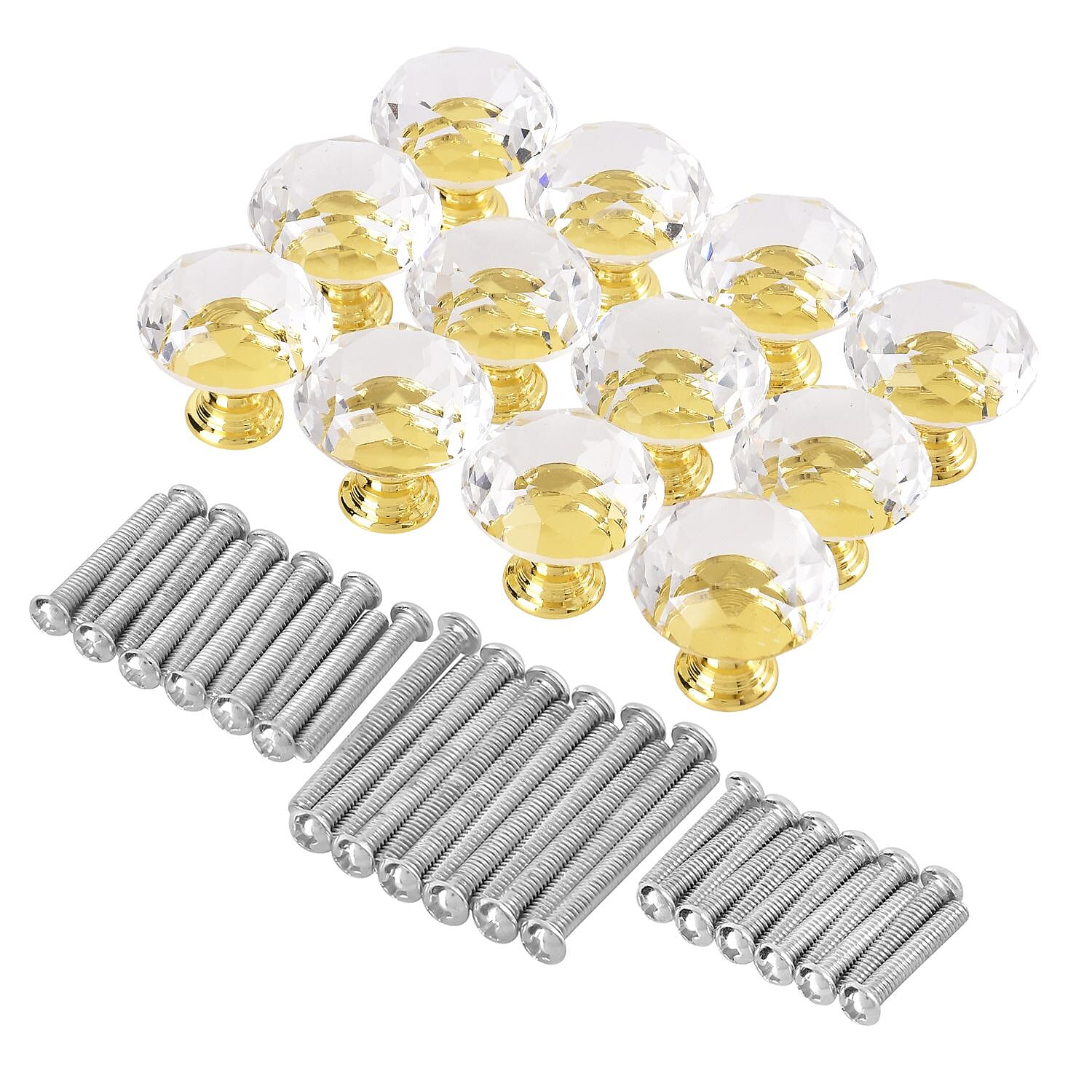 Set of 12 Pcs Crystal Diamond Knobs with 36 Pcs Different Gauge Screws - Gold