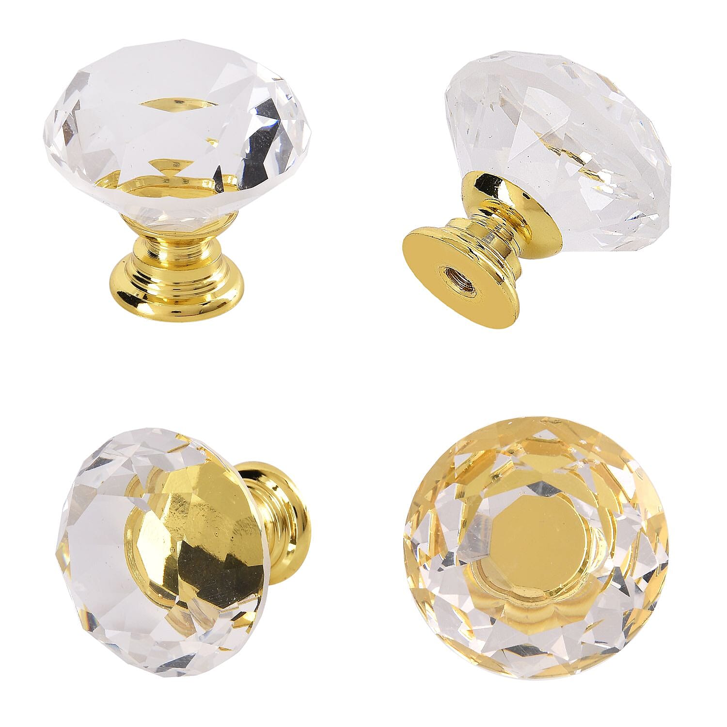 Set of 12 Pcs Crystal Diamond Knobs with 36 Pcs Different Gauge Screws - Gold