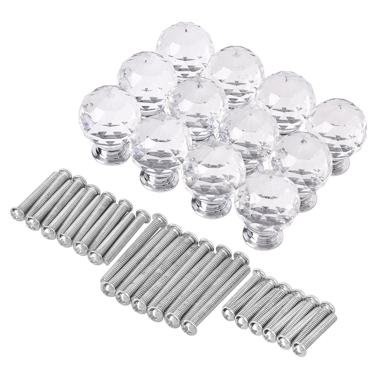 Set of 12 Pcs Crystal Round Knobs with 36 Pcs Different Gauge Screws - Silver
