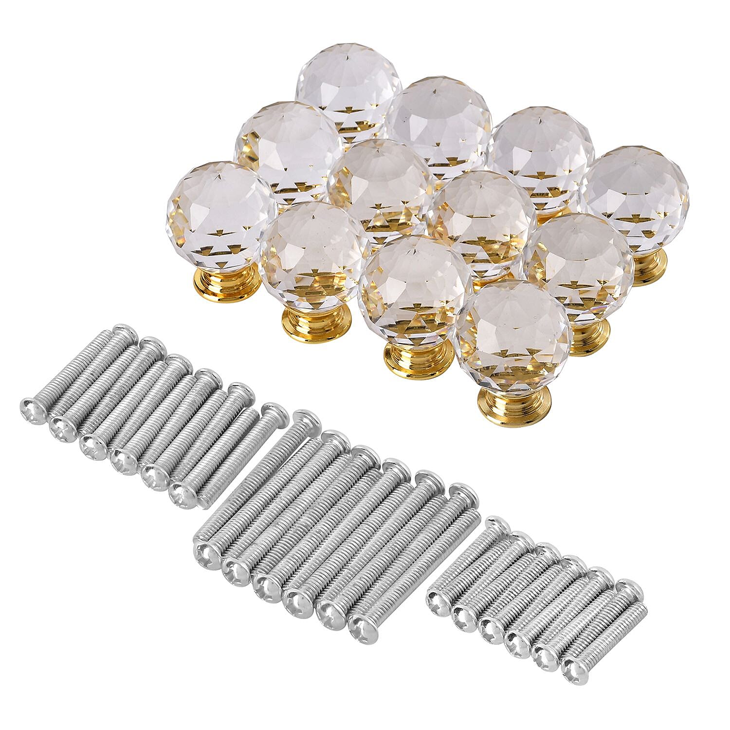 Set of 12 Pcs Round Crystal Knobs with 36 Pcs Different Gauge Screws - Gold