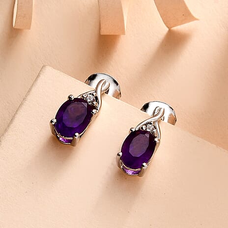 Amethyst & Natural Zircon Push Back Earrings in Platinum Overlay Sterling Silver 1.45 Ct